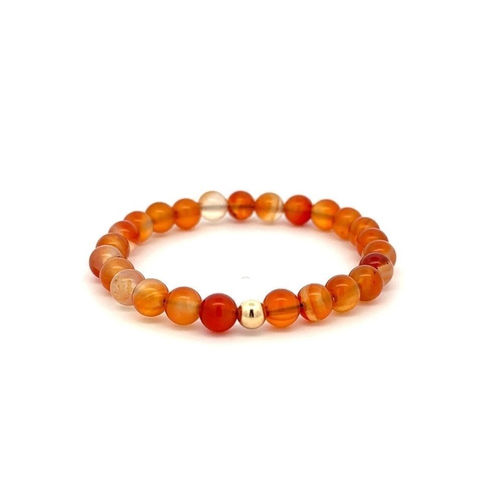 Natural Carnelian 6mm Stretchable Bracelet 18k Gold Bead Charm